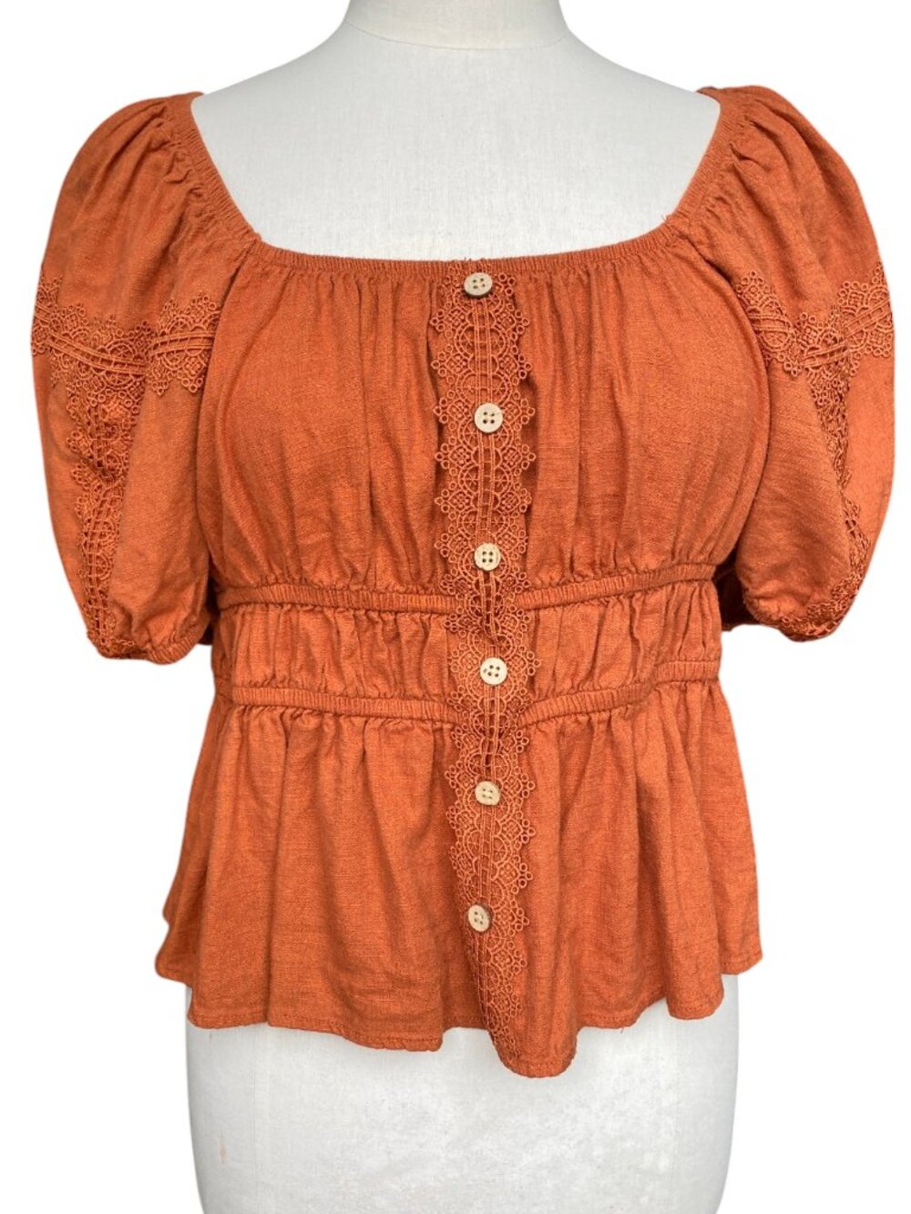 Earthbound Linen Rayon Terracotta Lace Trim Puff Sleeve Peplum Top Milkmaid-L
